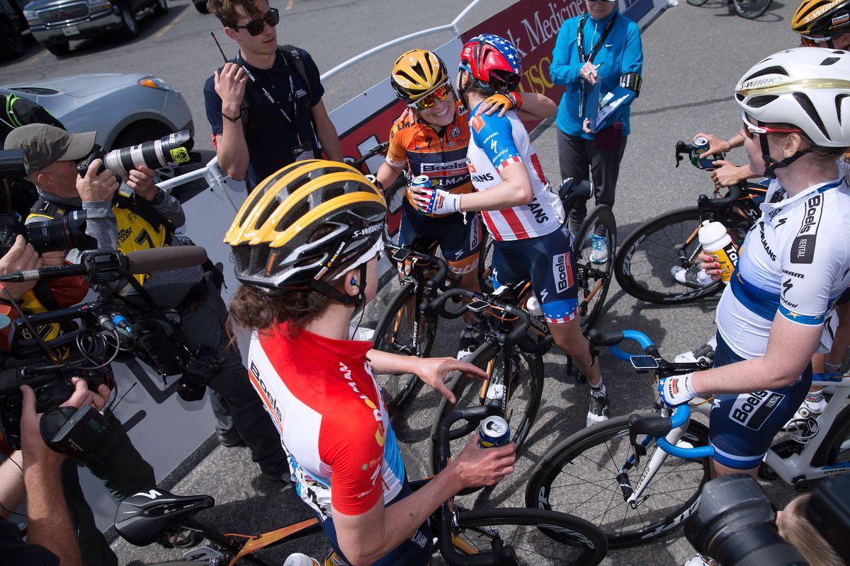 The Boels Dolman team huddle was the place to be post-stage