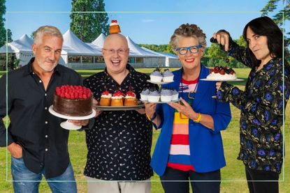Bake Off judges Paul Hollywood and Dame Prue Leith pose with host Matt Lucas and Noel Fielding - all holding plates of cakes and buns