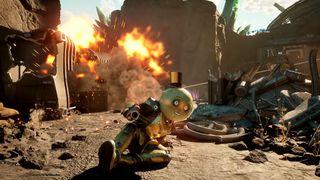 Trailer screenshot of the player sliding away from danger in The Outer Worlds 2