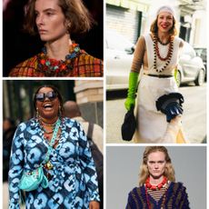 a collage of women at fashion week wearing colorful chunky beaded necklaces