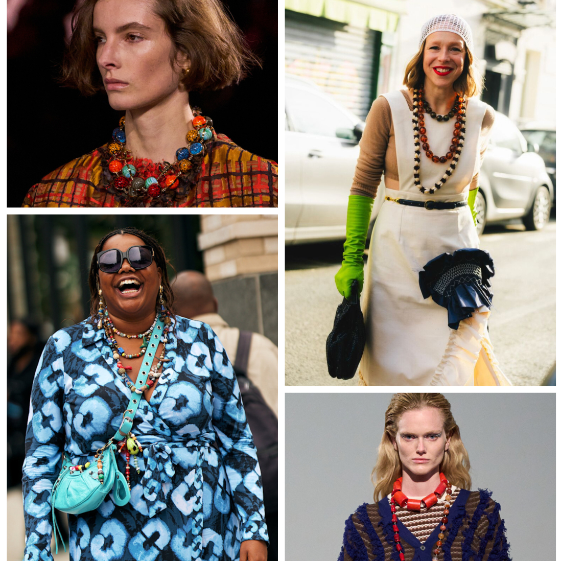 a collage of women at fashion week wearing colorful chunky beaded necklaces