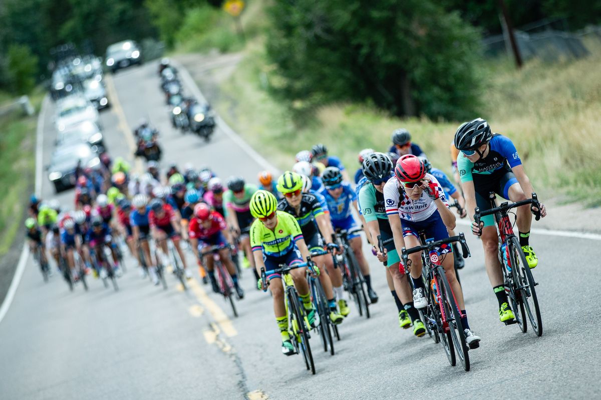 The peloton chases Chloe Dygert-Owen during stage 3 at the Colorado Classic