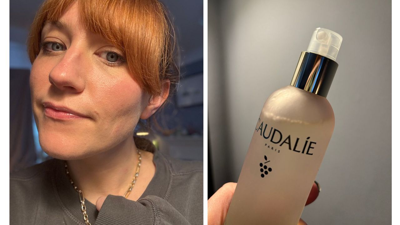 holding shot of matilda and a bottle of caudalie beauty elixir