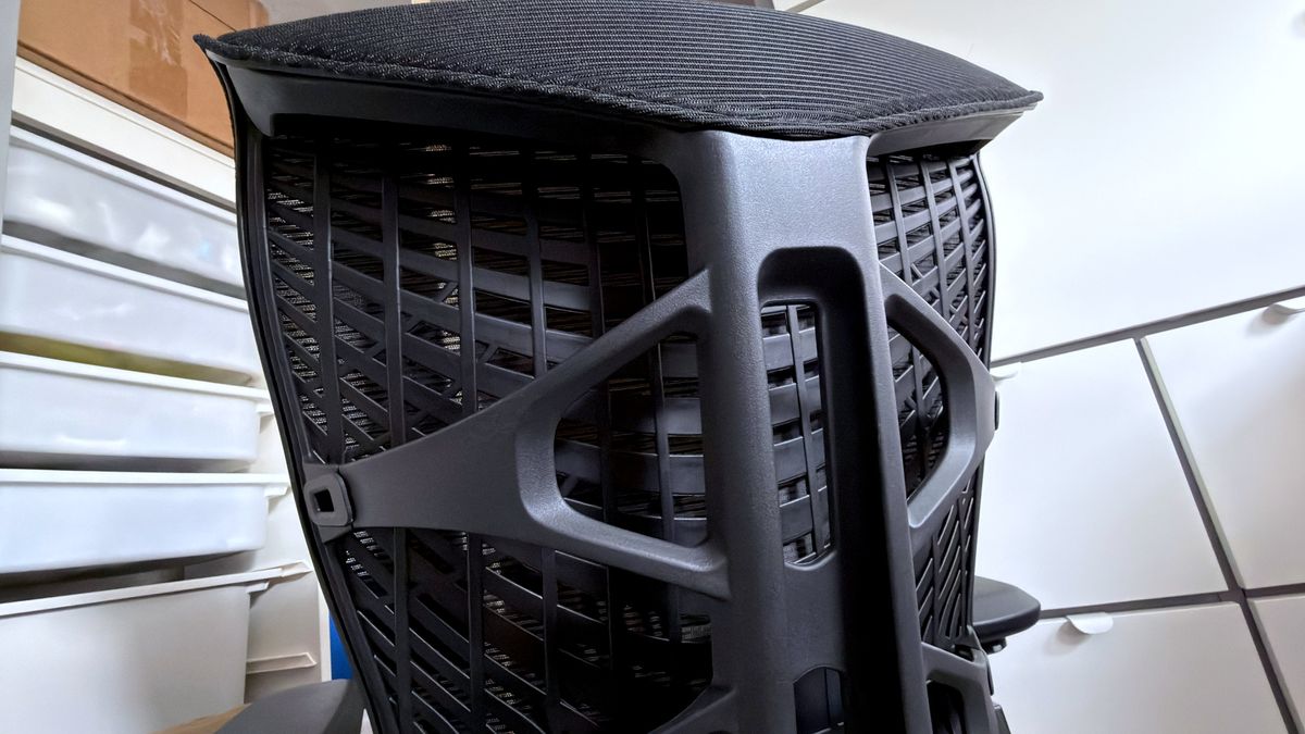 A photo of an Autonomous ErgoChair Ultra 2, showing a view of the rear spine and polymer mesh used in the back