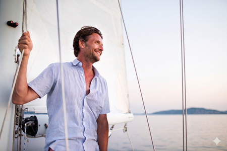 A man in his 50s relaxes on a a sailboat at sunset. he is grinning.