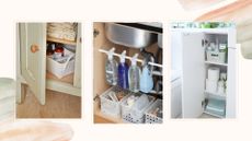 Compilation inside bathroom cabinet and under kitchen sink to show the 80/20 decluttering rule being tested