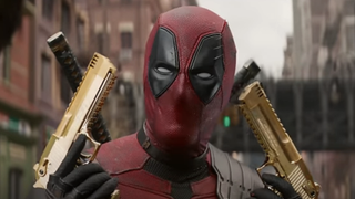 Deadpool very excited to be holding gold plated Desert Eagle Mark XIX in Deadpool & Wolverine. 