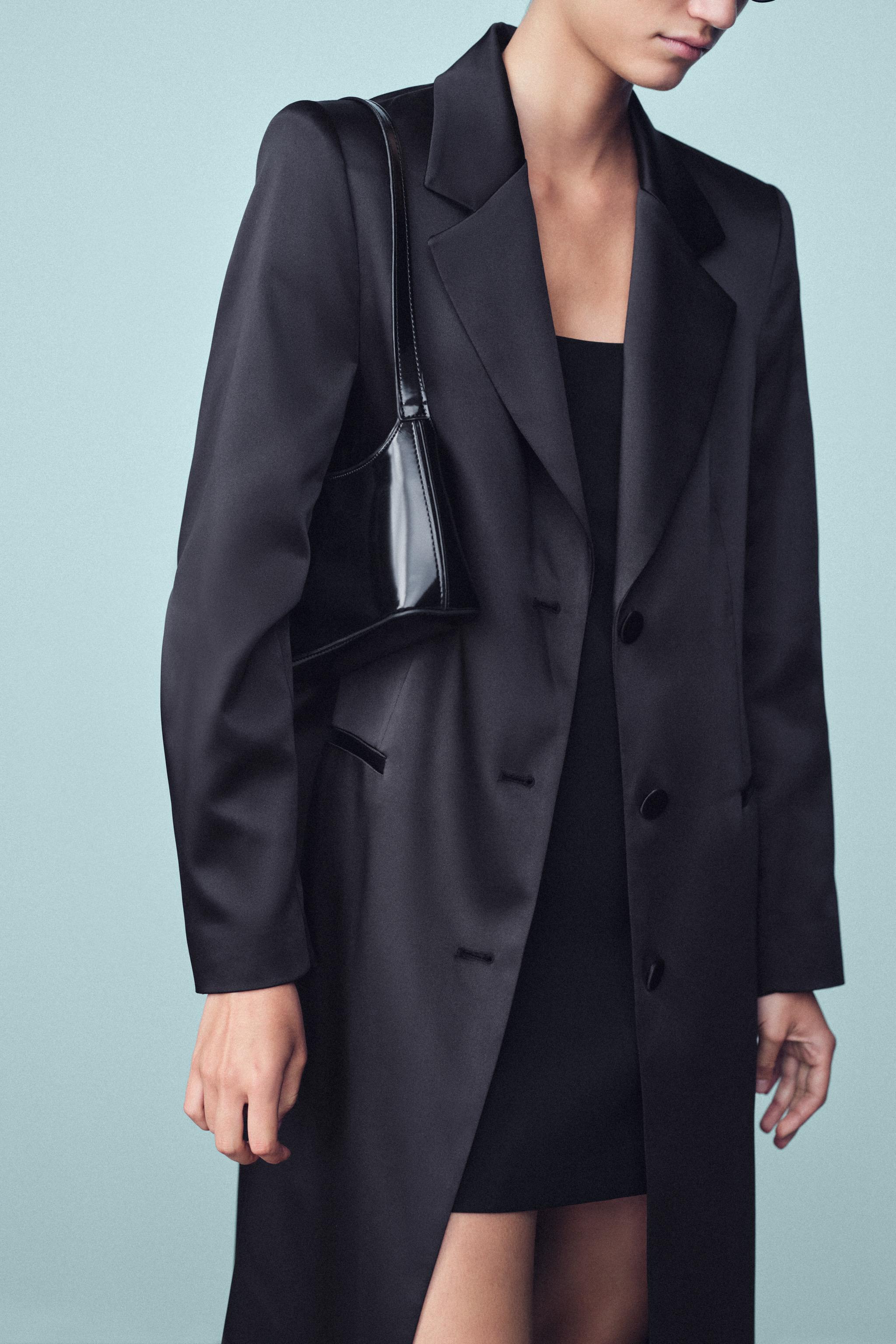 Satin Shoulder Pad Coat - Black - S