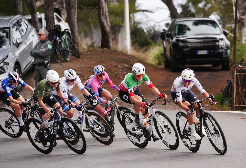 SANREMO ITALY MARCH 22 LR Juliette Labous of France and Team FDJ SUEZ Yara Kastelijn of Netherlands and Team FenixDeceuninck Lorena Wiebes of Netherlands and Team SD Worx Protime Katarzyna Niewiadoma of Poland and Team CANYONSRAM zondacrypto Elisa Longo Borghini of Italy and Erica Magnaldi of Italy and UAE Team ADQ compete during the 1st Sanremo Women 2025 a 156km one day race from Genova to Sanremo UCIWWT on March 22 2025 in Sanremo Italy Photo by Marco Alpozzi PoolGetty Images