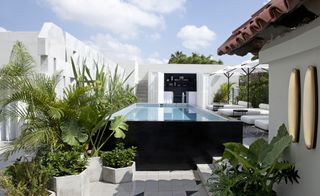 Casa Fayette rooftop pool and spa, with white loungers, umbrellas and pot plants in hexagon concrete containers