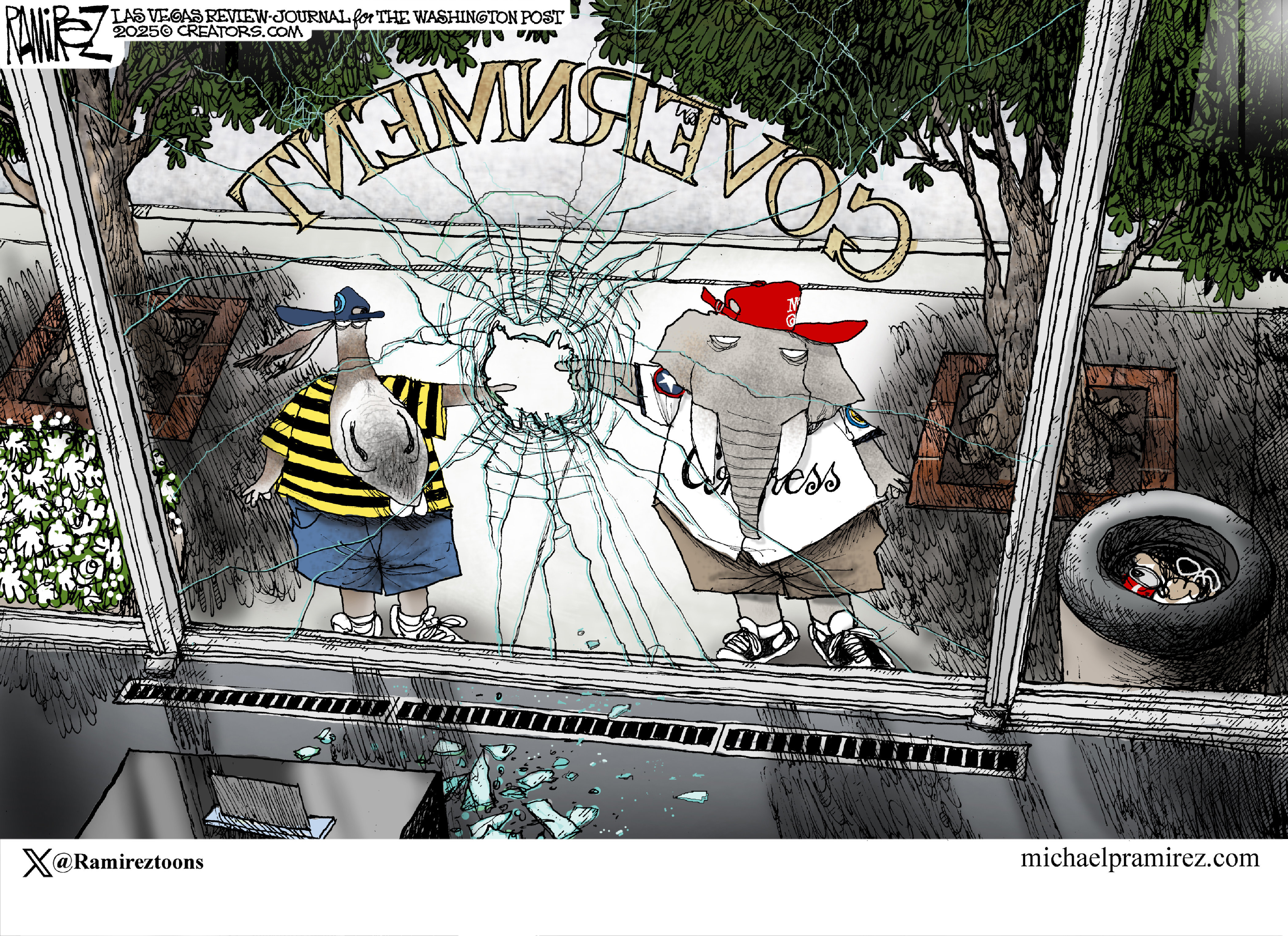 This political cartoon depicts a broken window labeled &amp;ldquo;Government,&amp;rdquo; viewed as if the reader is inside looking out. Outside the window, a young donkey and a young elephant point to each other, accusing the other of breaking the window.