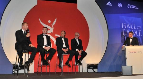Sir Chris Hoy, Chris Boardman MBE, Doug Dailey MBE and British Cycling President, Brian Cookson OBE are interviewed by Sky's Dermot Murnaghan (L-R).