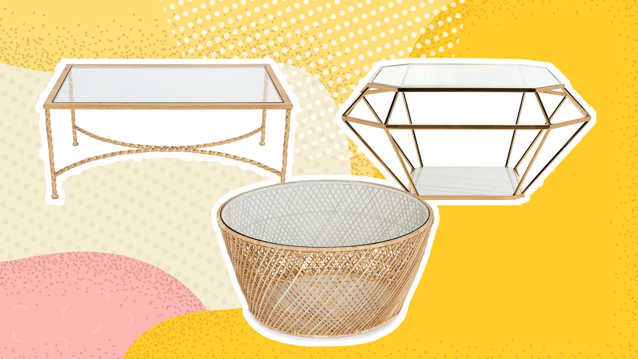 A trio of glass coffee tables on a yellow and pink graphic background