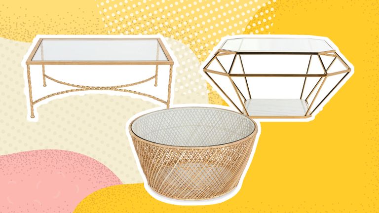 A trio of glass coffee tables on a yellow and pink graphic background