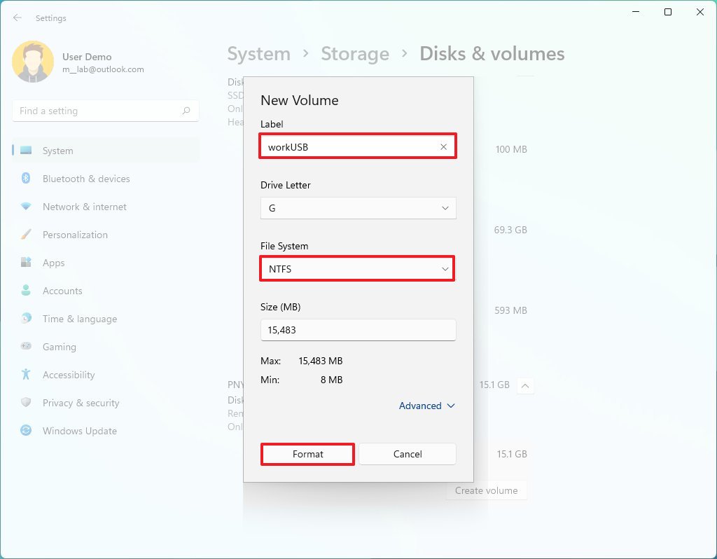 Settings app USB flash drive format