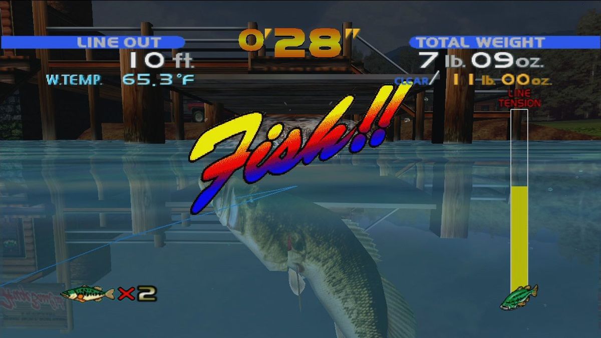 Sega Bass Fishing gameplay showing a Bass underwater with cursive text "Fish!!"