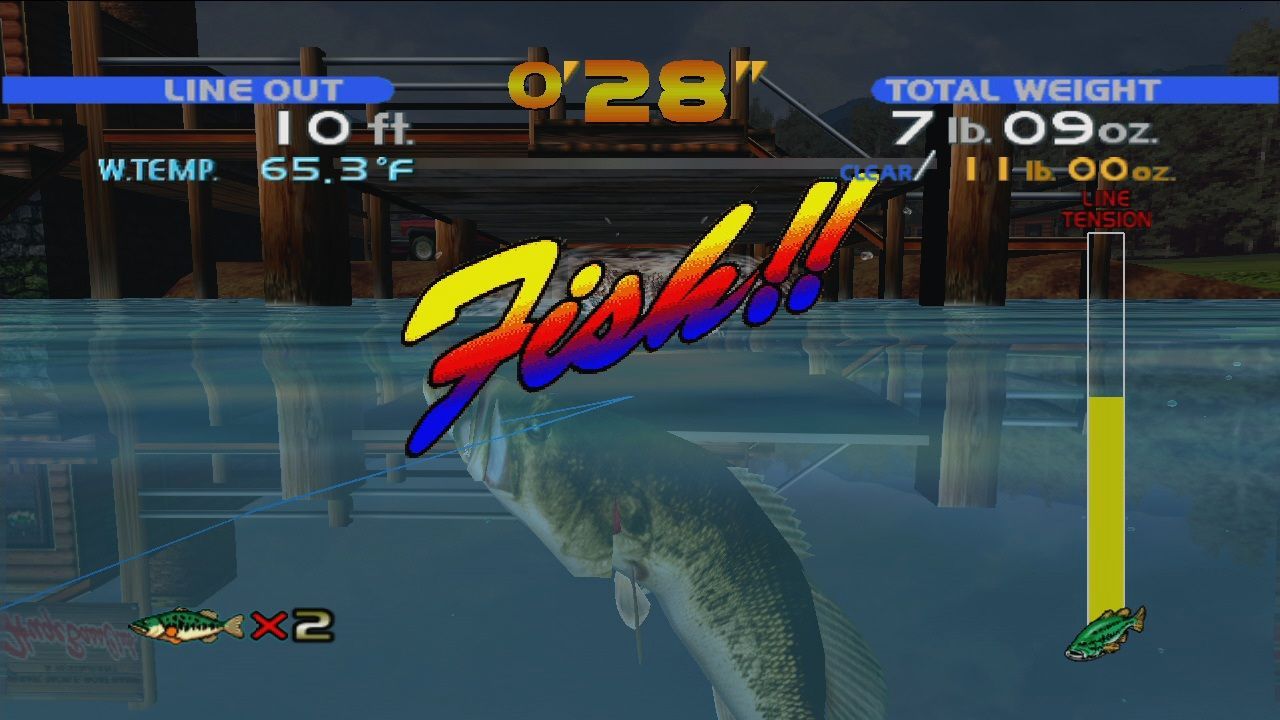 Sega Bass Fishing gameplay showing a Bass underwater with cursive text "Fish!!"