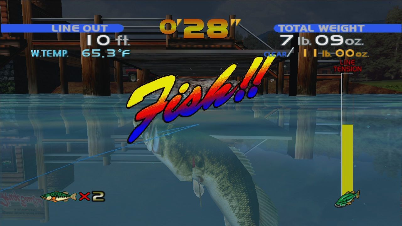 Sega Bass Fishing gameplay showing a Bass underwater with cursive text 