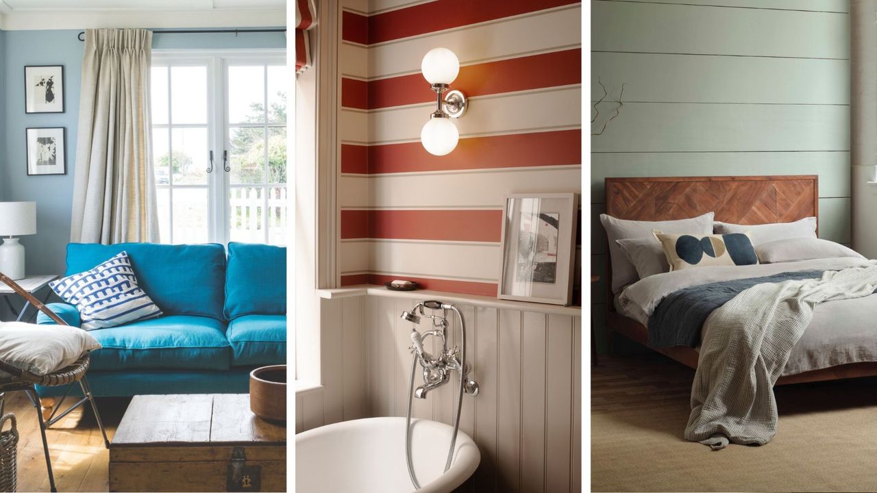 Rooms with coastal color schemes, blues, red and gray