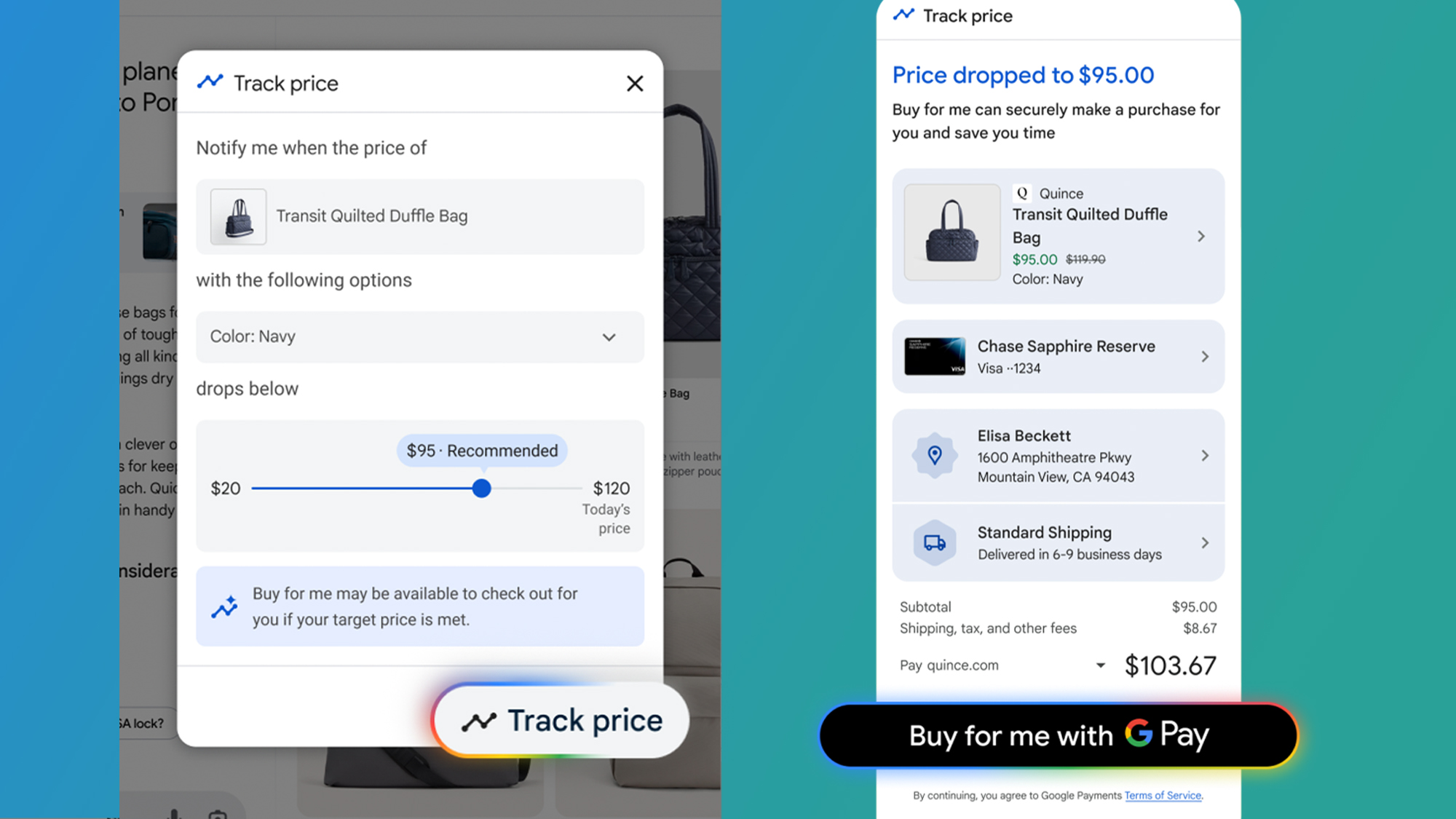 Two screenshots on a blue and green background showing Google Shopping's price tracking modes