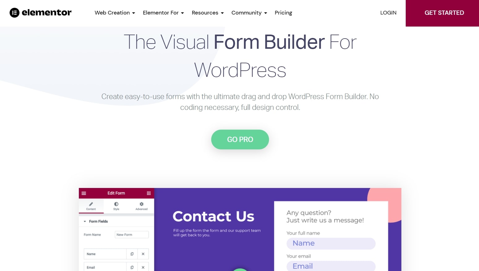 Elementor's webpage discussing its form builder