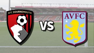 The AFC Bournemouth and Aston Villa club badges on top of a photo of the Vitality Stadium in Bournemouth, England