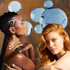 an art treatment of two women with bare, glowing skin against a copper colored backdrop with skincare product bubbles