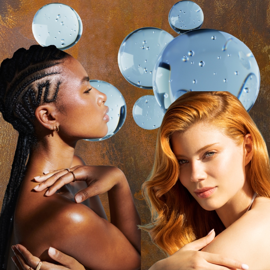 an art treatment of two women with bare, glowing skin against a copper colored backdrop with skincare product bubbles