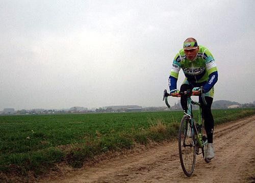 'Maggie' pounding away on the road to Roubaix.
