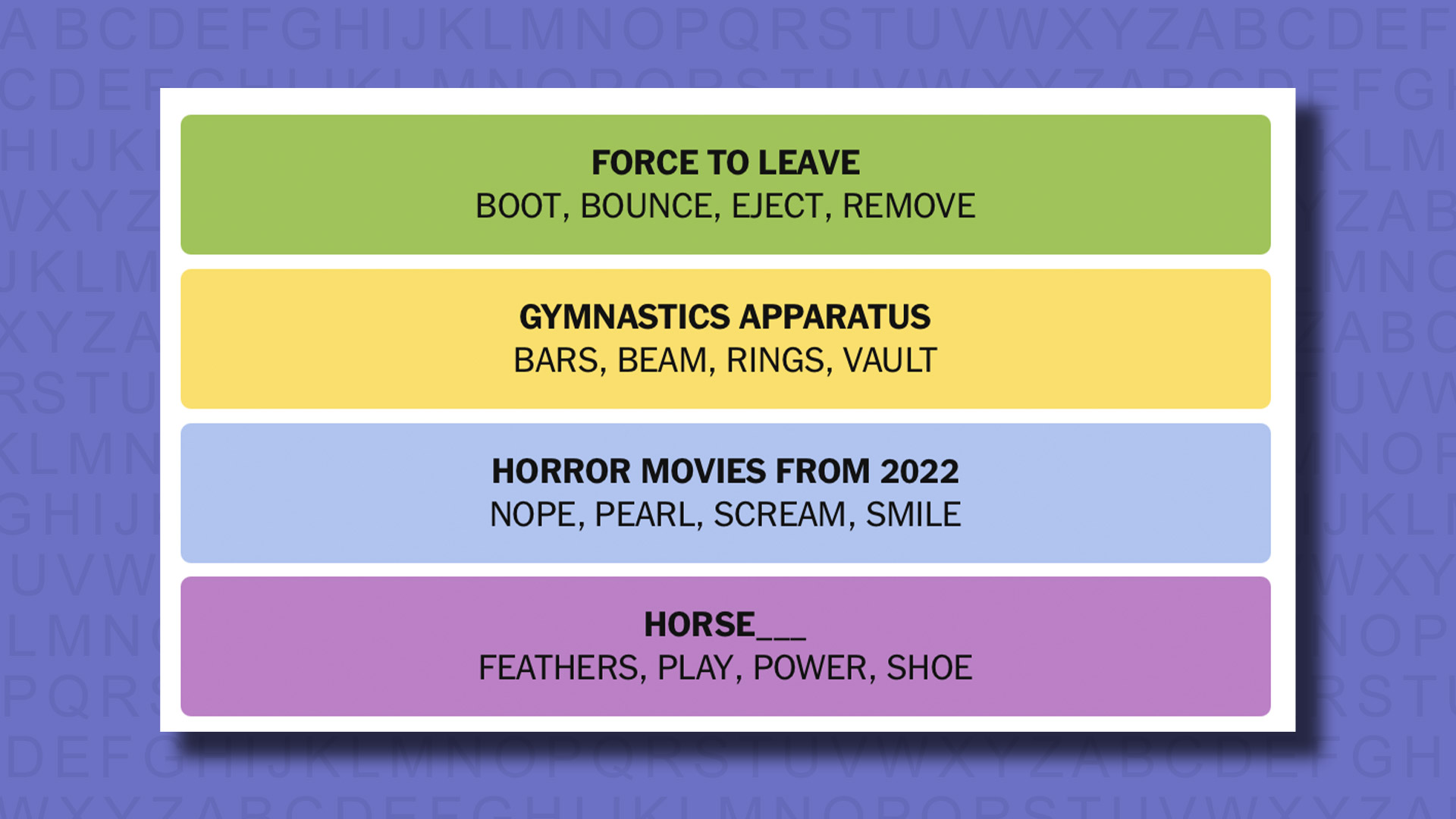 NYT Connections answers for game 765 on a purple background