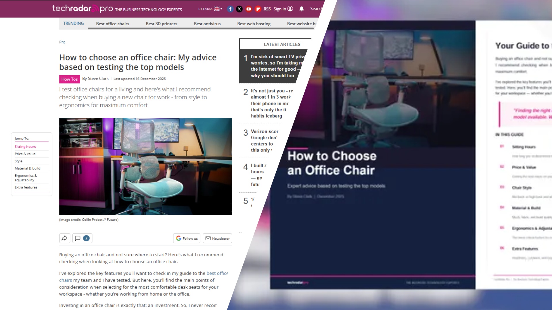 A split-screen of our original webpage How to choose an office chair alongside the AI-created PDF bookazine version