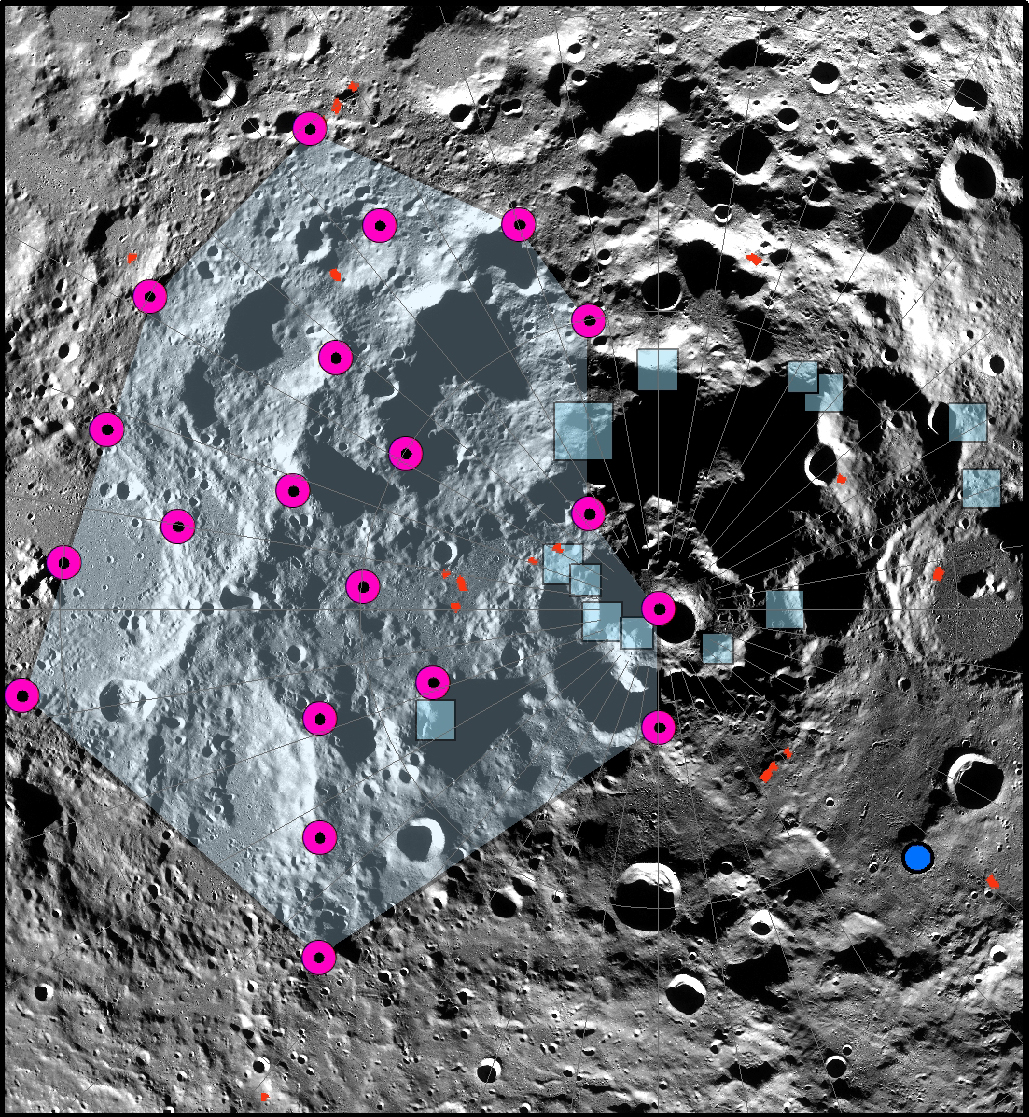 A view of the lunar surface with various markers pointing to different locations.
