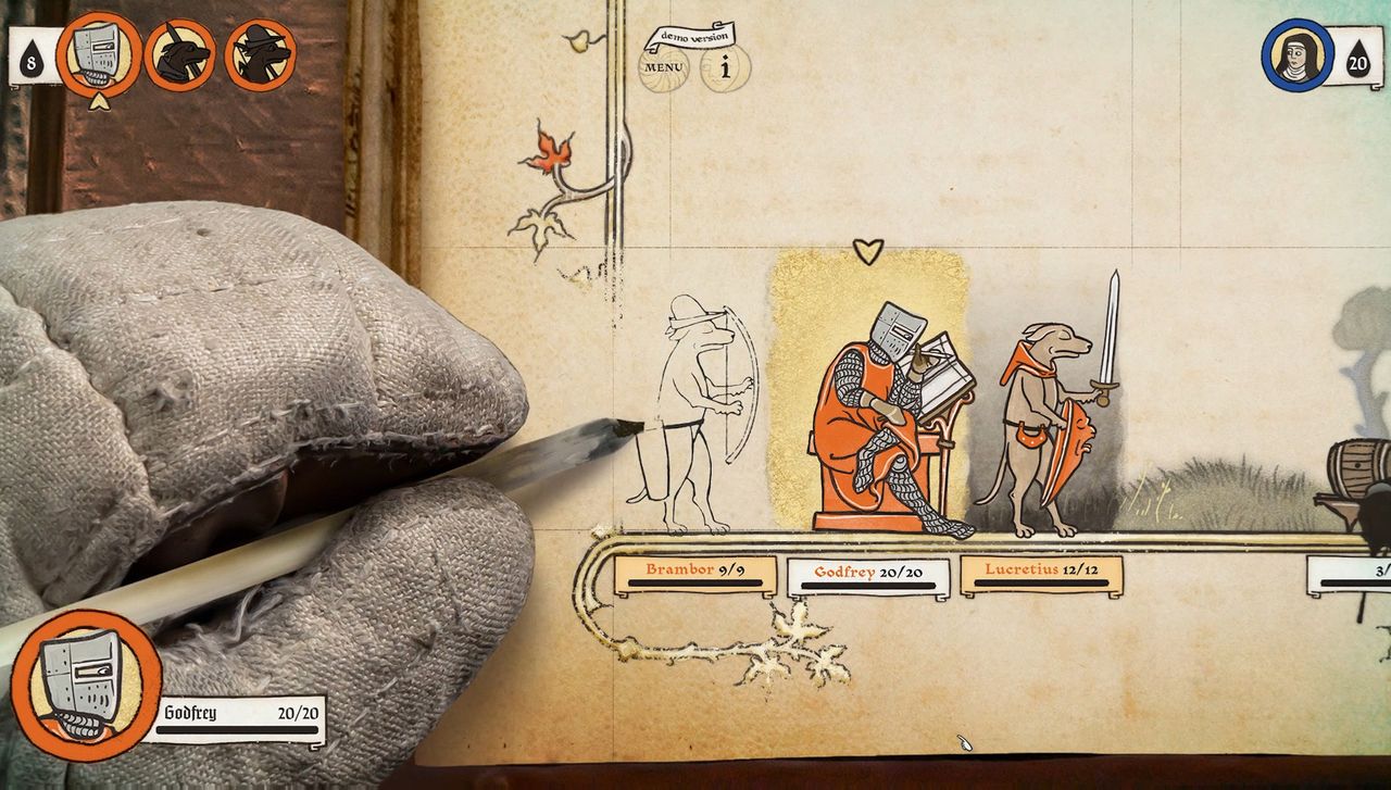 Image of medieval marginalia creatures battling in game Inkulinati. They are illustrated in a style like an illuminated manuscript.