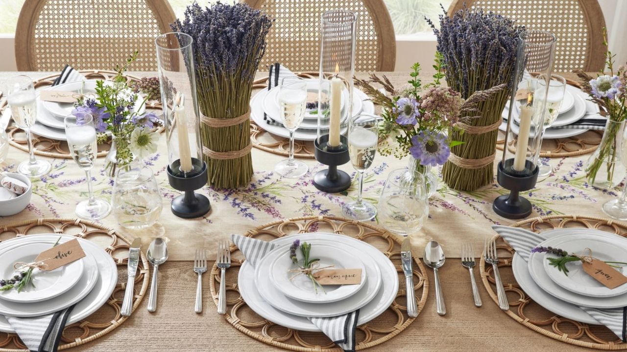 Monique Lhuillier&#039;s Pottery Barn tablescape items for her new spring collection with lavender