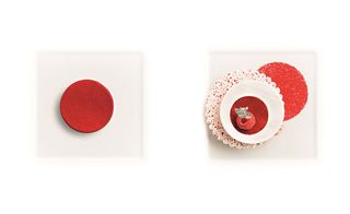 White and red Ice cream dish neatly presented on square white plates, white background