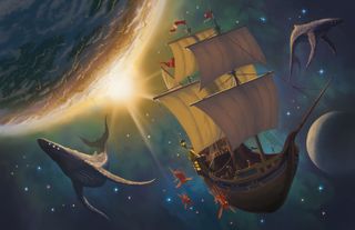 A sailing ship travels through space