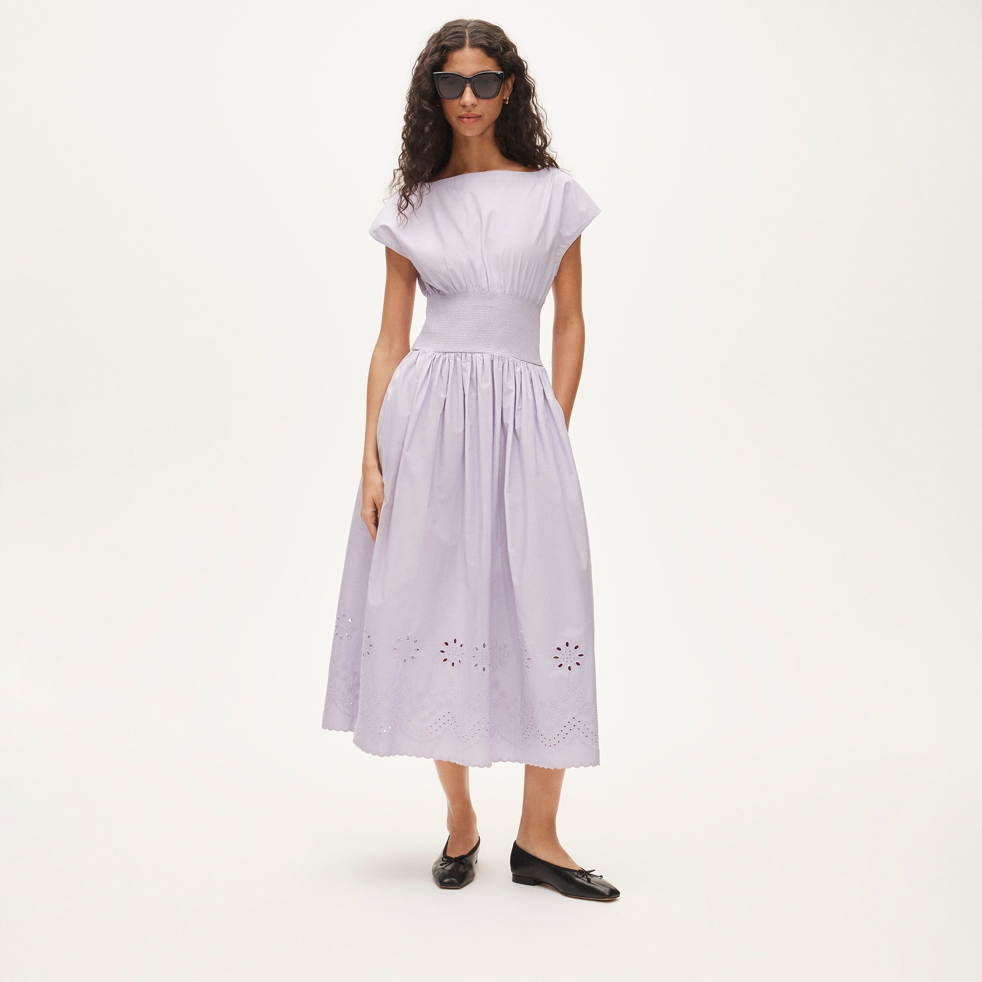 Smocked Eyelet-Hem Dress in Cotton Poplin