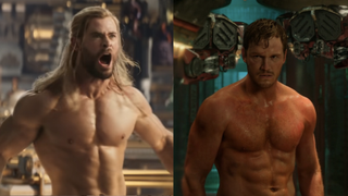 Chris Hemsworth shirtless in Thor: Love and Thunder and Chris Pratt shirtless in Guardians of the Galaxy
