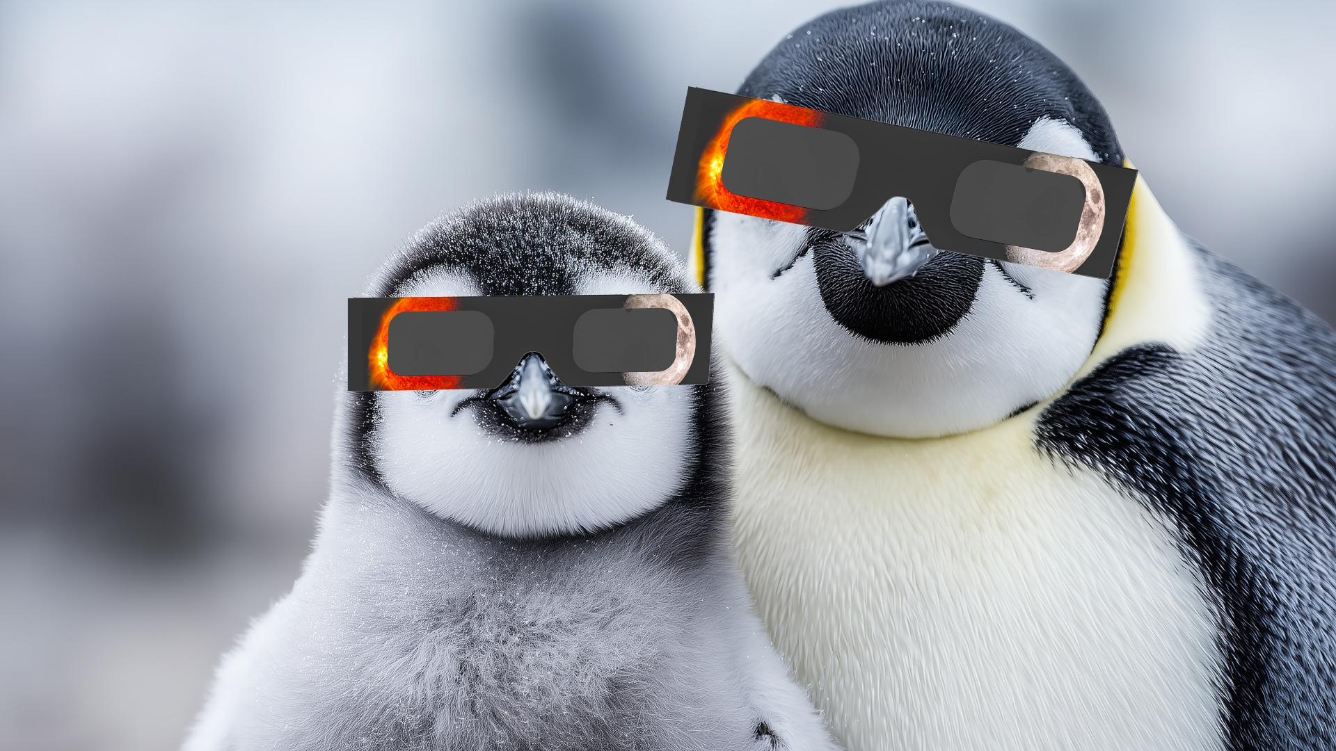 an adult penguin (right) and a baby penguin (left) are looking at the camera wearing solar eclipse glasses. 