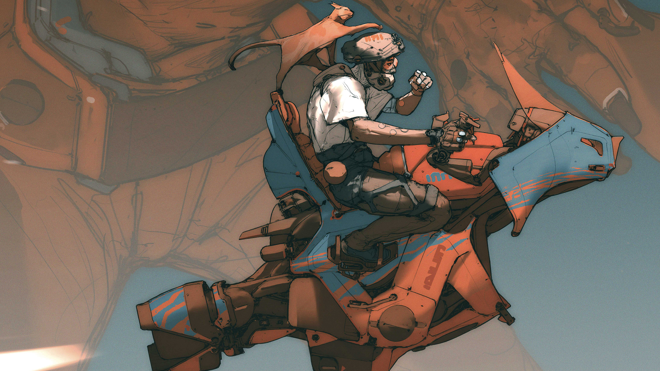 Sci-fi composition; a man riding a contraption with a cat on his shoulder