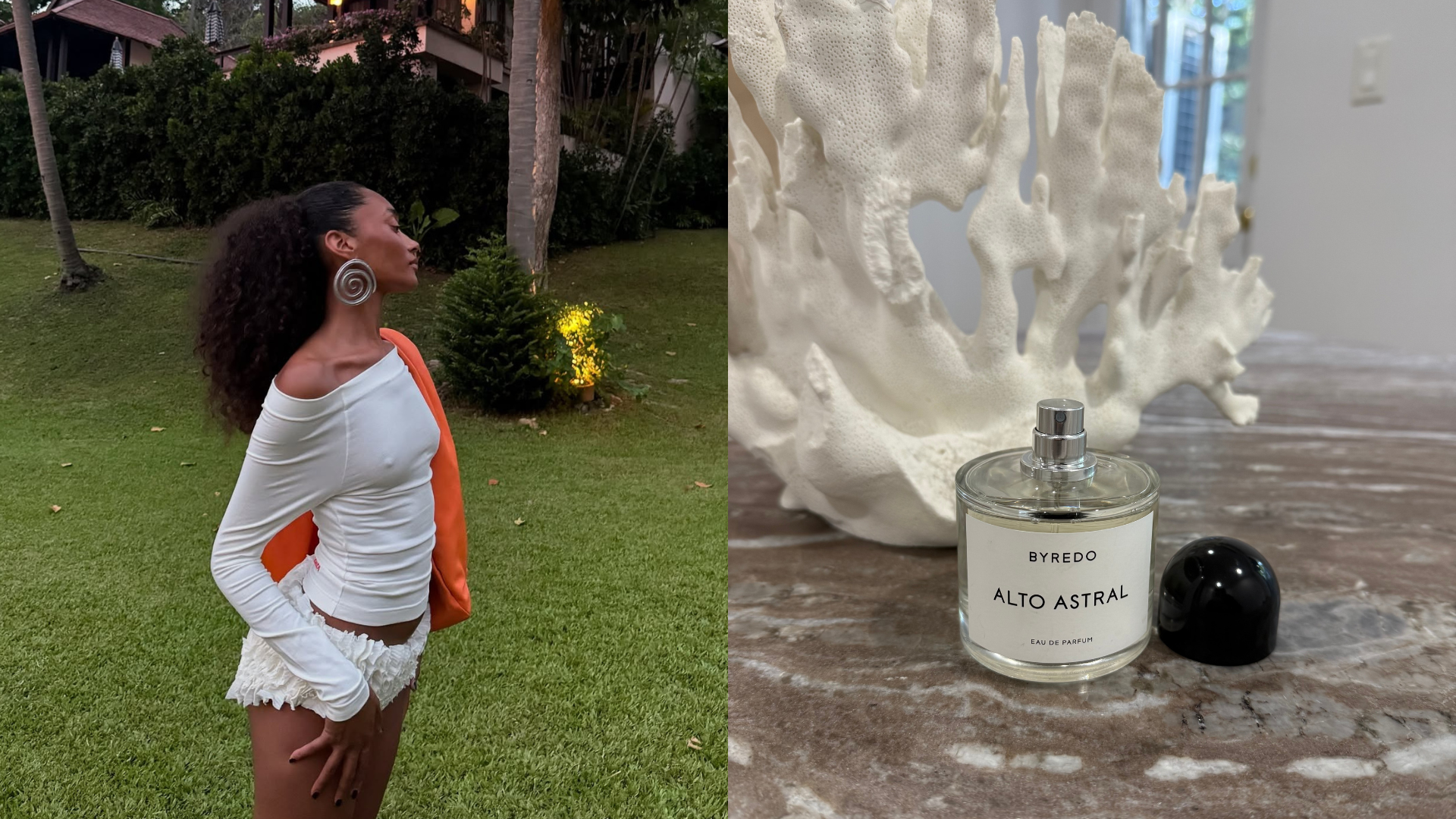 Photo collage of a woman on vacation and Byredo&#039;s Alto Astral perfume