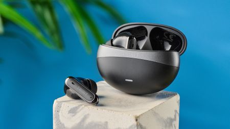 Tribit FlyBuds C3 in black photographed on a blue background with leaves