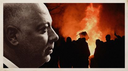 Photo collage of Rosen Zhelyazkov and Bulgarian protesters silhouetted against a fire they set