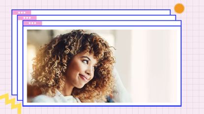 image of a woman with curly hair on a blue border template with a pink background