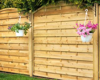 New wooden fence panel with hanging baskets