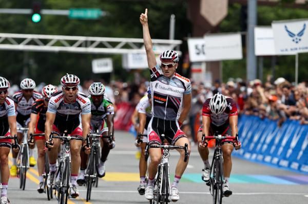 Jake Keough (United Healthcare) celebrates victory in the men's race in Crystal City.