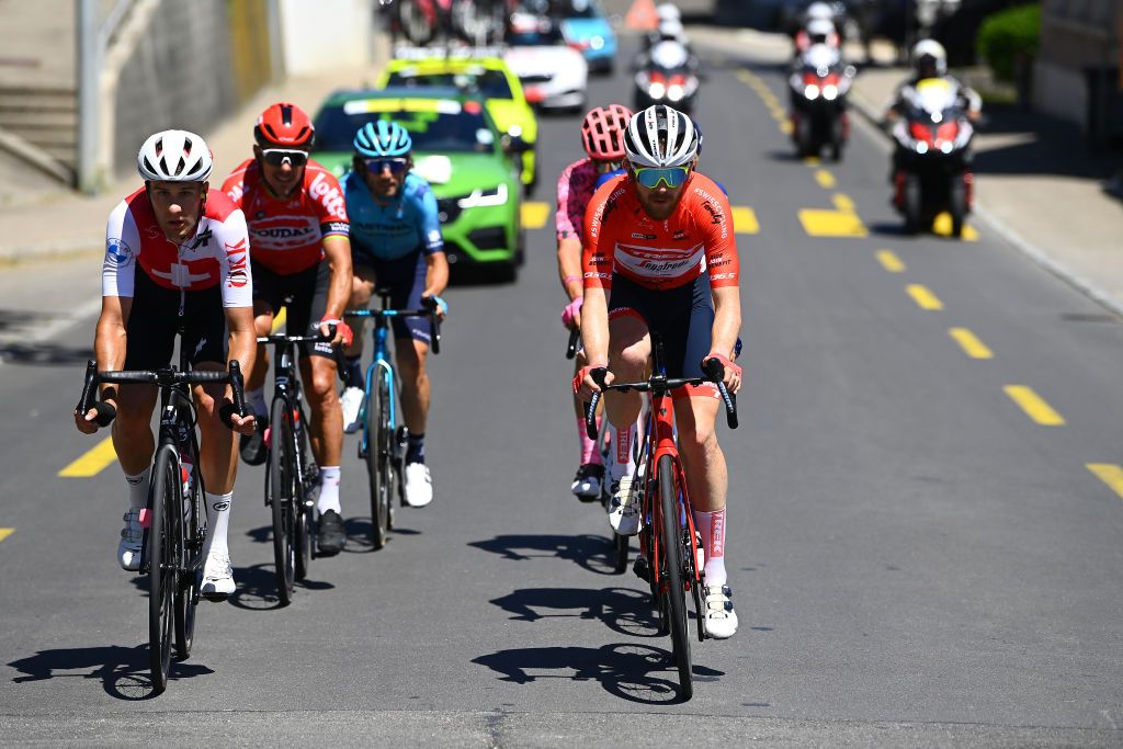 GRENCHEN SWITZERLAND JUNE 14 LR Matthias Reutimann of Switzerland and Team Switzerland and Quinn Simmons of United States and Team Trek Segafredo Red Mountain Jersey compete in the breakaway during the 85th Tour de Suisse 2022 Stage 3 a 1769km stage from Aesch to Grenchen ourdesuisse2022 WorldTour on June 14 2022 in Grenchen Switzerland Photo by Tim de WaeleGetty Images