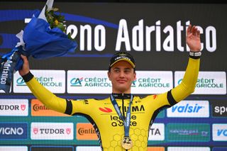 TRASACCO ITALY MARCH 13 Olav Kooij of The Netherlands and Team Visma Lease A Bike celebrates at podium as stage winner during the 60th TirrenoAdriatico 2025 Stage 3 a 190km stage from Norcia to Trasacco UCIWT on March 13 2025 in Trasacco Italy Photo by Tim de WaeleGetty Images