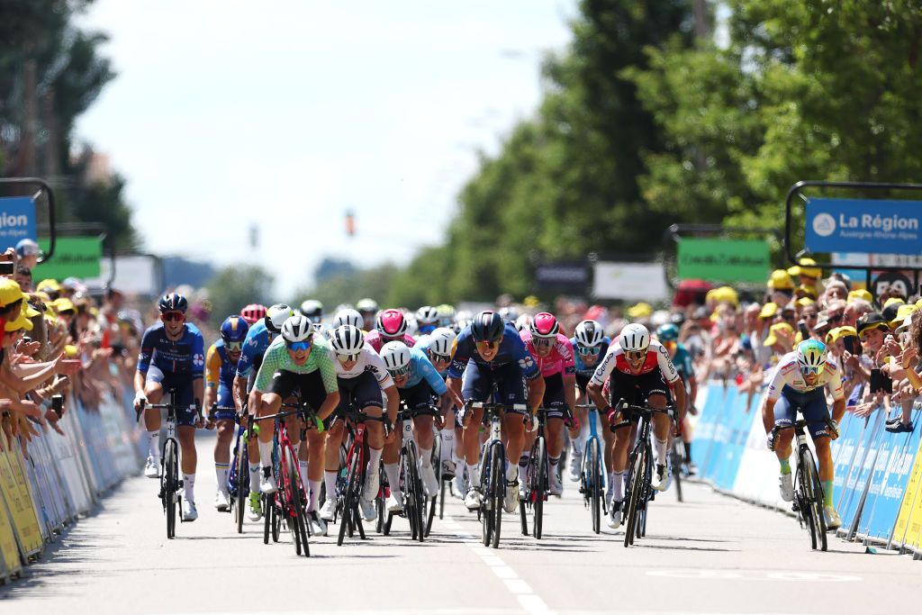 A general view of Fergus Browning of Australia and Team Trinity Racing sprinting for the stage 1 win at Tour de l&#039;Ain