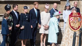 Sophie, Countess of Wessex, Peter Phillips, Autumn Phillips, Prince Harry, Duke of Sussex, Zara Tindall, Mike Tindall, Catherine, Duchess of Cambridge and Prince William, Duke of Cambridge look on at Queen Elizebeth II attends Easter Sunday service